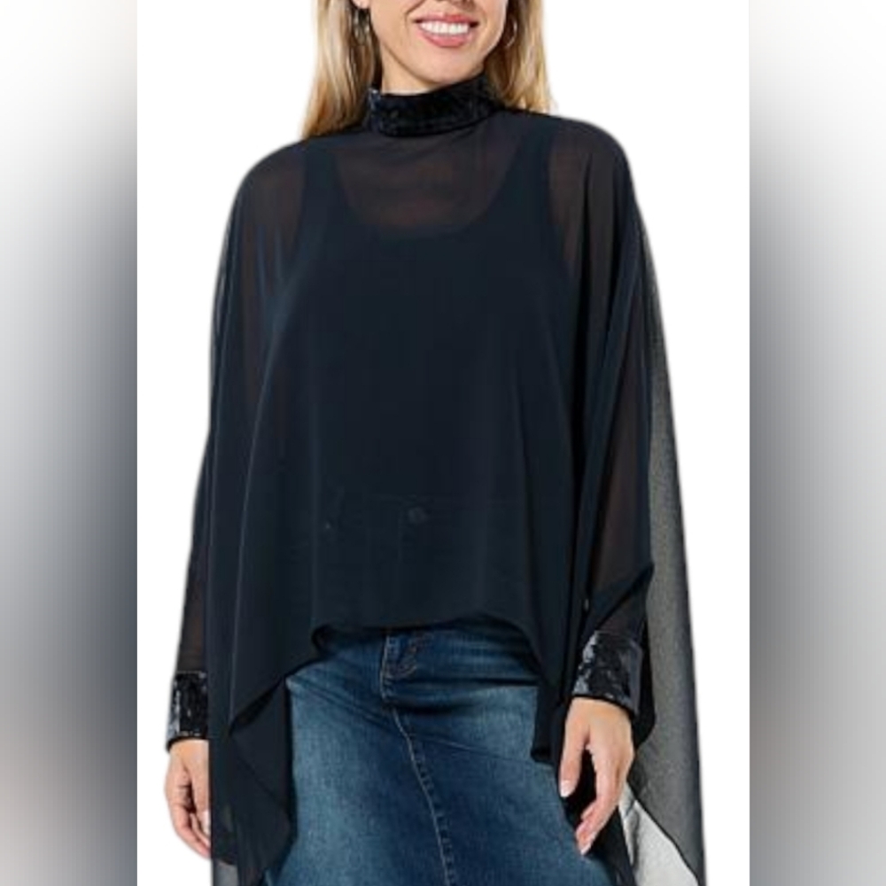 G by Giuliana Black Label Black Sheer Chiffon Velvet Trim Poncho Blouse XS/S NEW